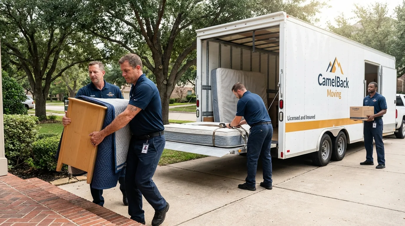 Crew loading residential truck for cross-state move from Chandler, IN