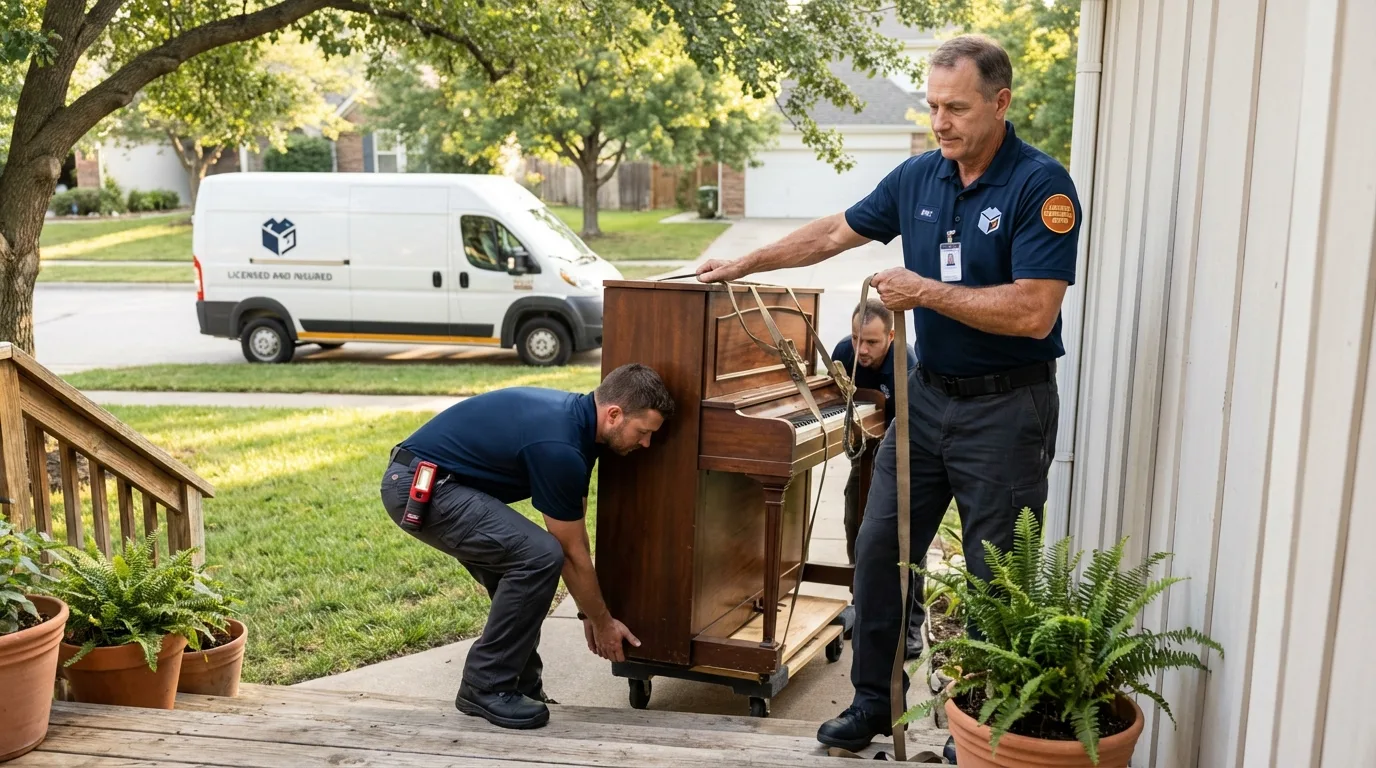 Licensed piano movers securing grand piano in Chandler, IN