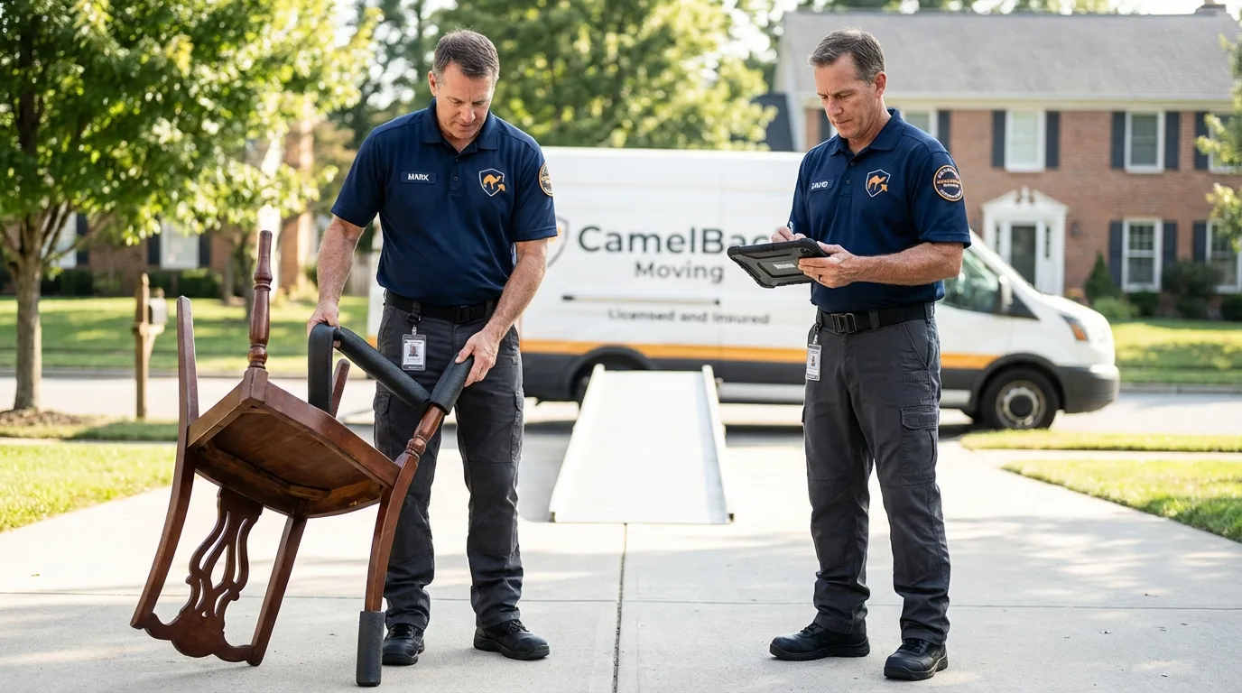 Movers inspecting furniture for damage prevention before loading in Chandler, IN