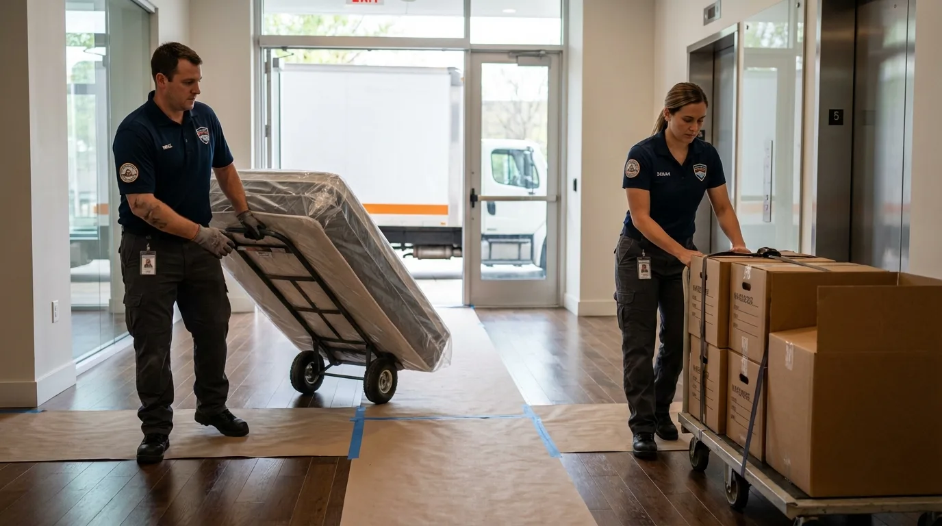 Professional apartment movers loading elevator in Chandler, IN