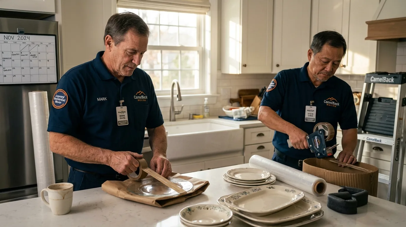 Professional crew packing kitchen dishware in Chandler, IN